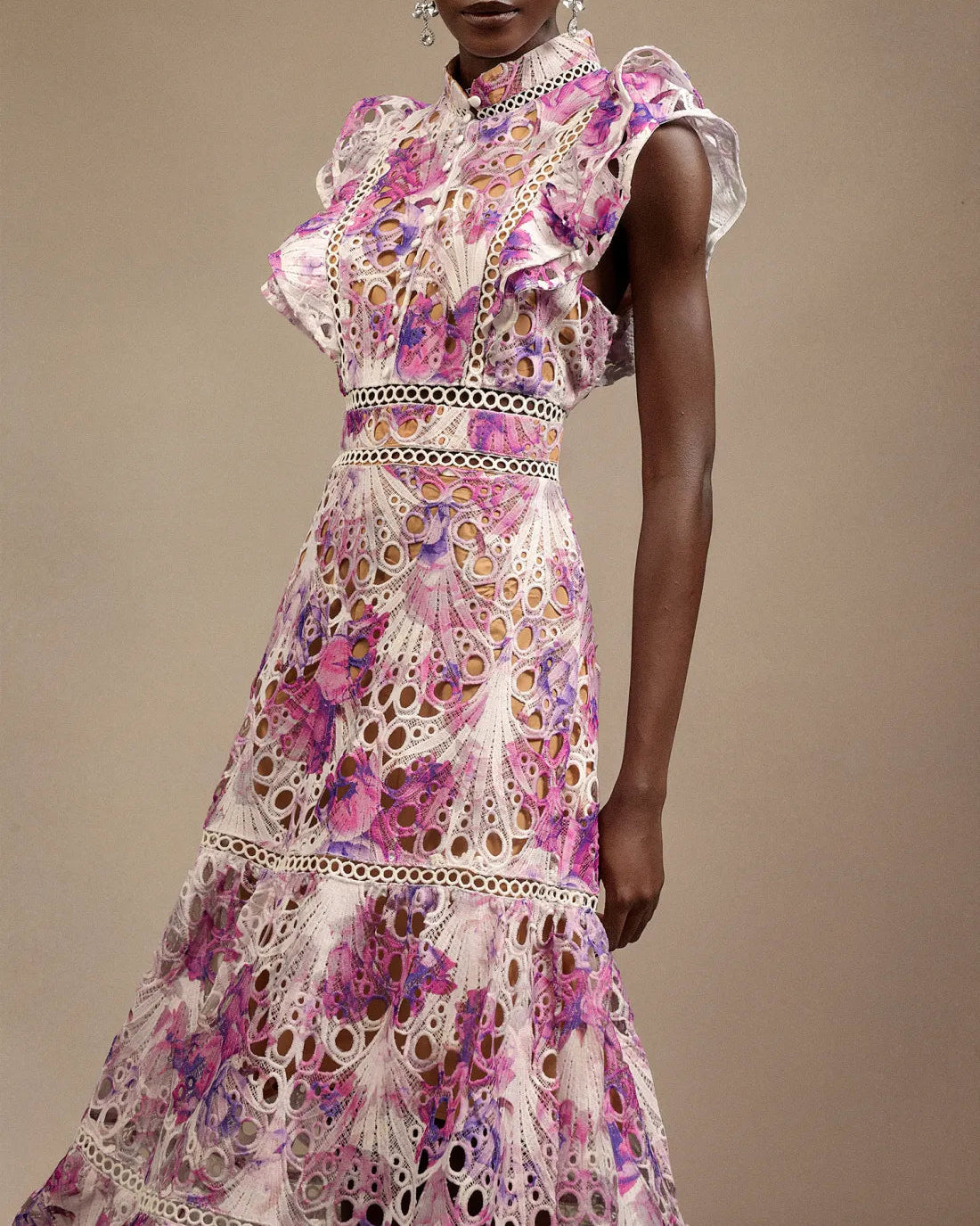 Embroidered Openwork Stand Collar Dress