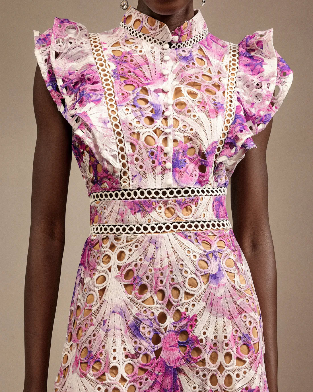 Embroidered Openwork Stand Collar Dress