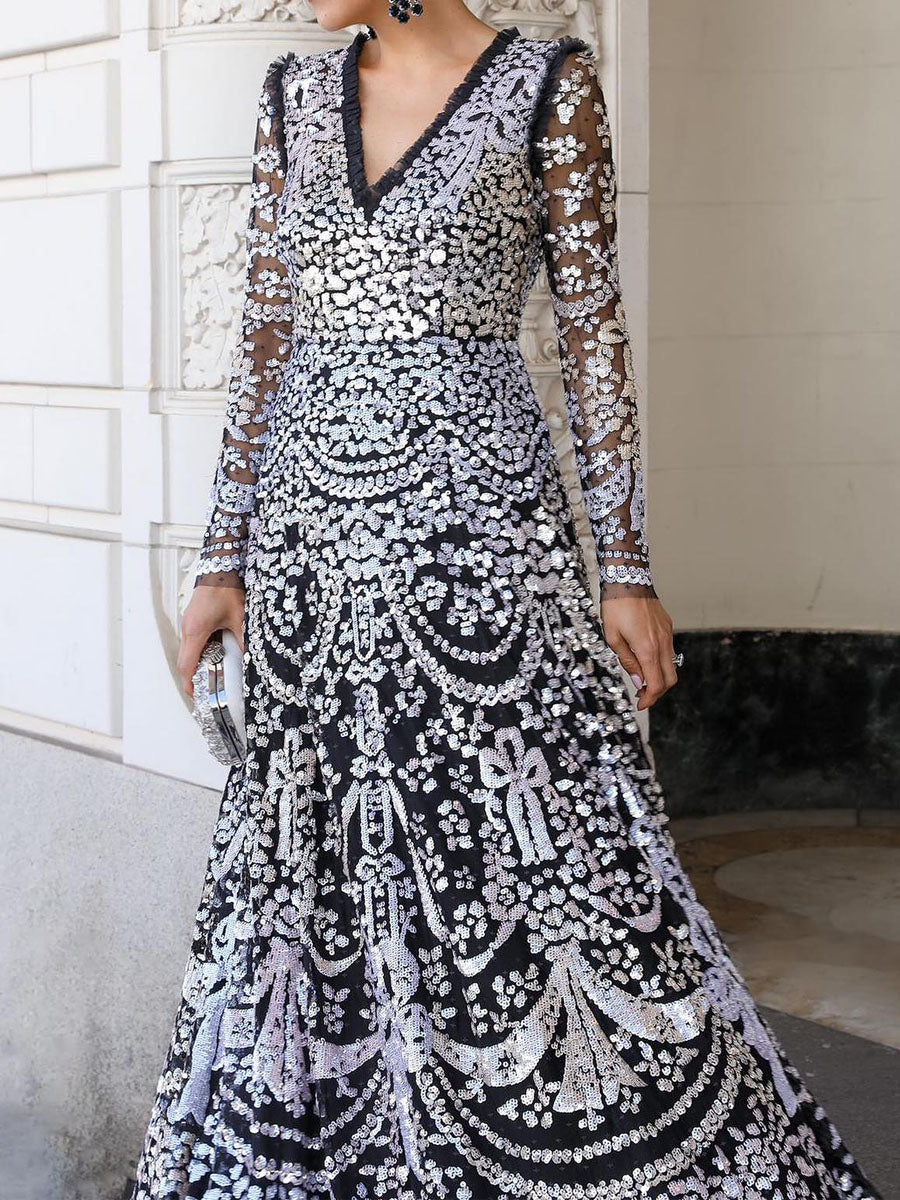 V Neck See Through Sequin Elegant Party Dress