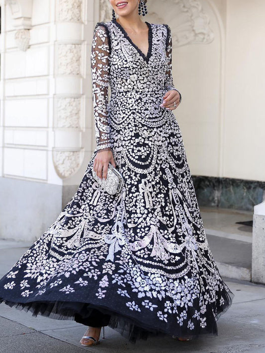 V Neck See Through Sequin Elegant Party Dress