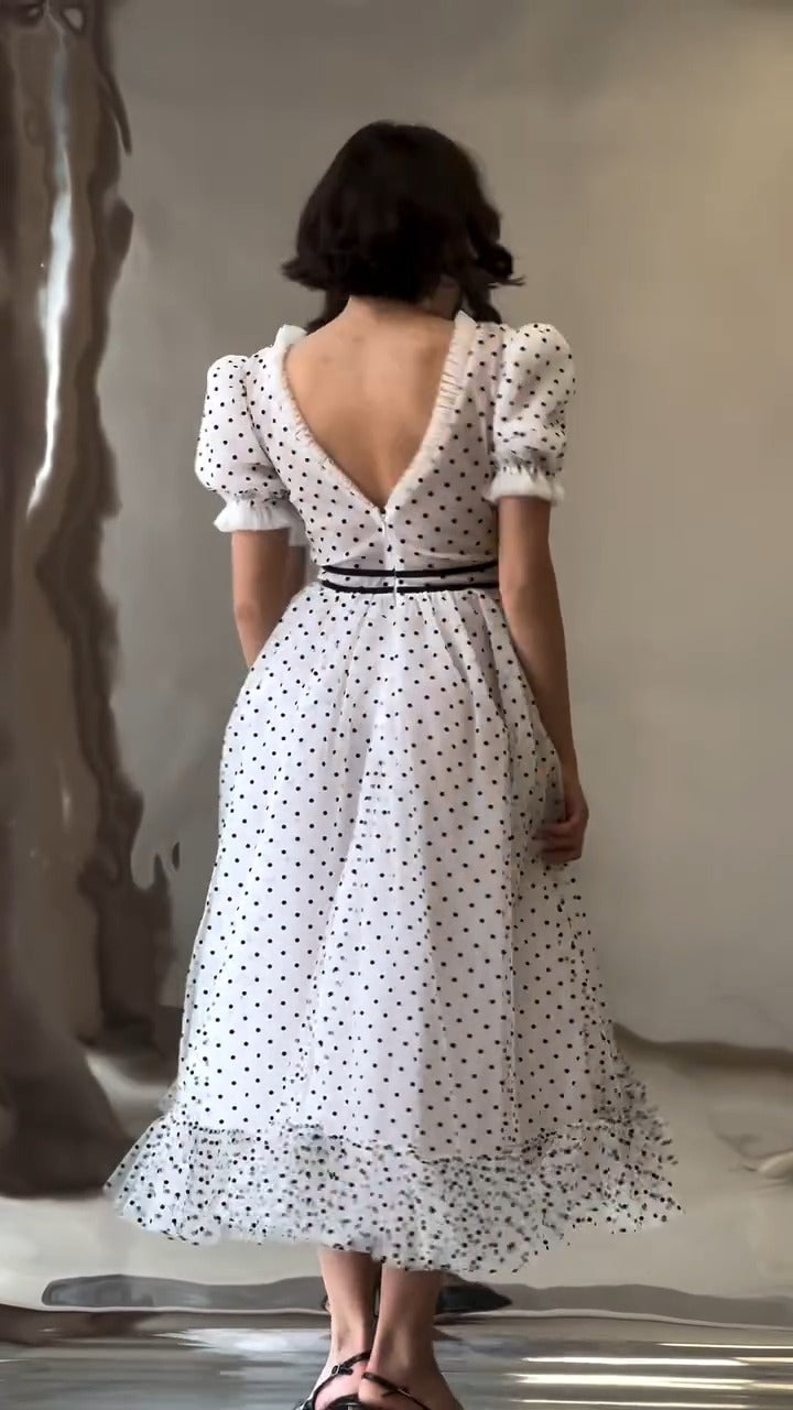 Sheer Polka-Dot Puff-Sleeve Maxi