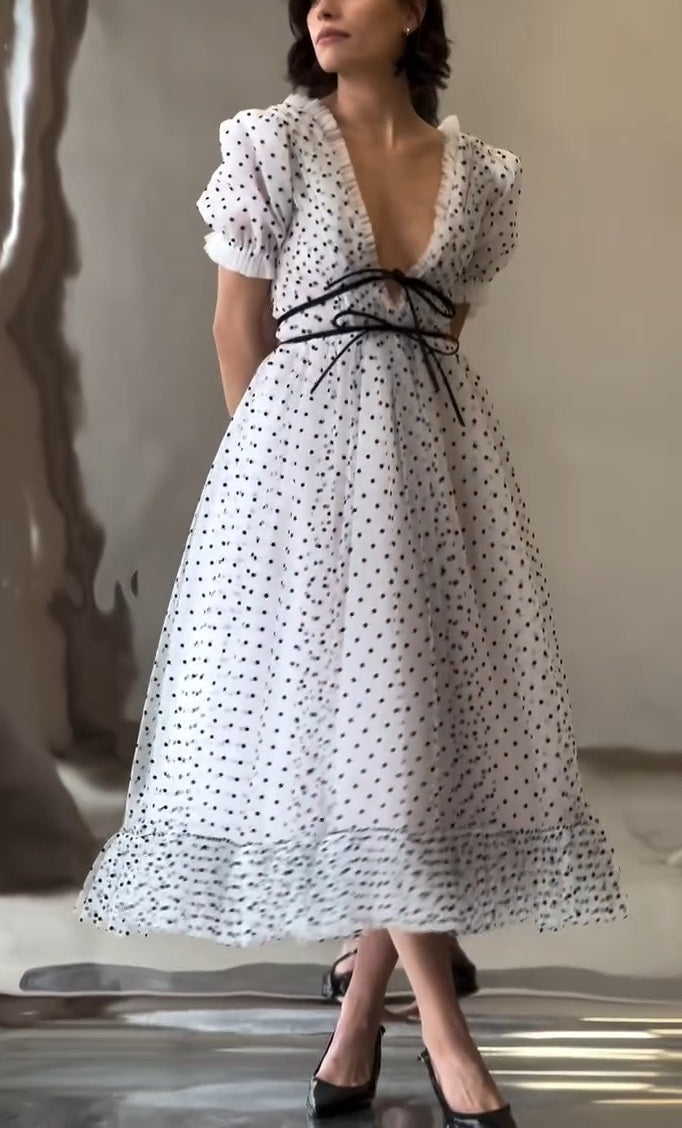 Sheer Polka-Dot Puff-Sleeve Maxi