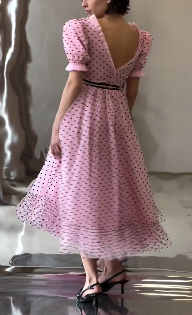 Sheer Polka-Dot Puff-Sleeve Maxi