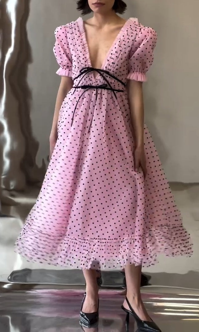 Sheer Polka-Dot Puff-Sleeve Maxi