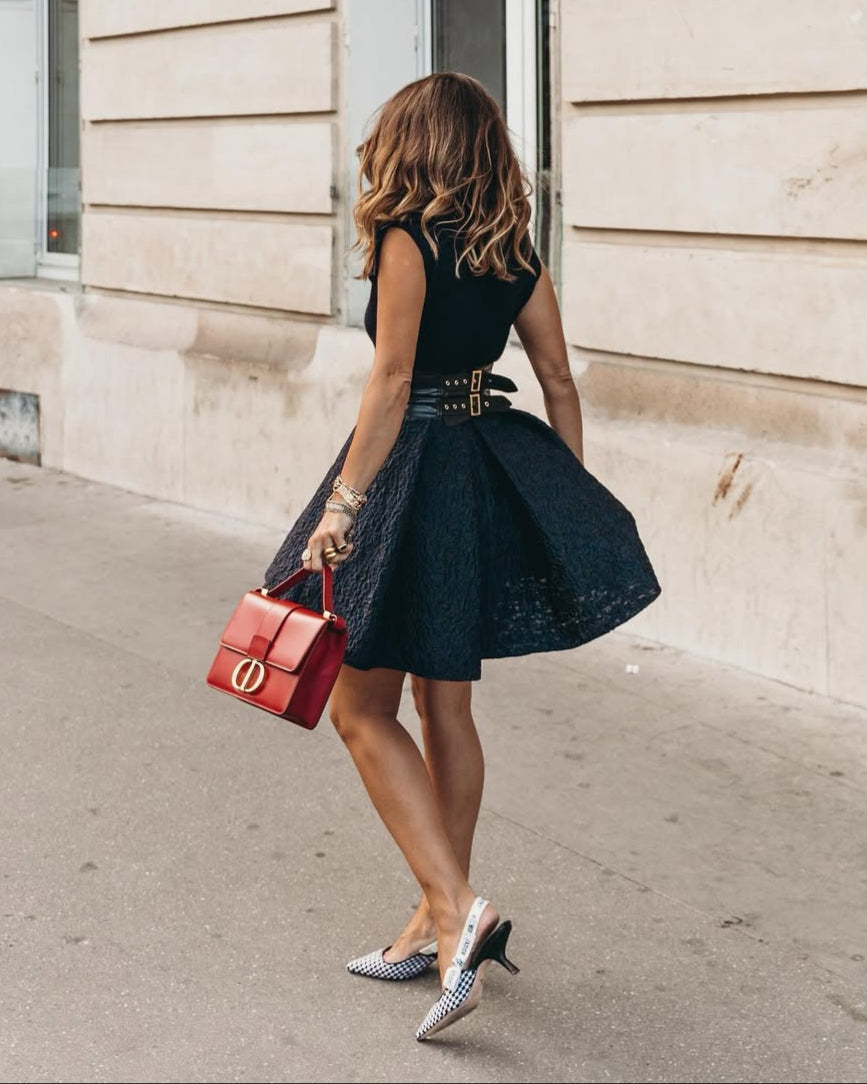 Structured Mini Dress – Leather Waist & Asymmetric Pleats