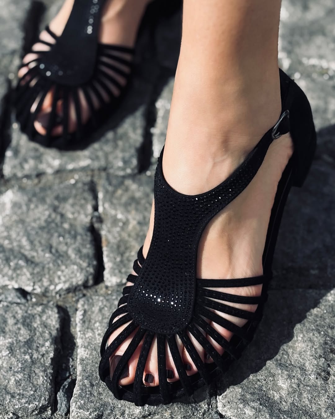 Caged Noir Sandal – Diamond-Dusted Illusion Straps