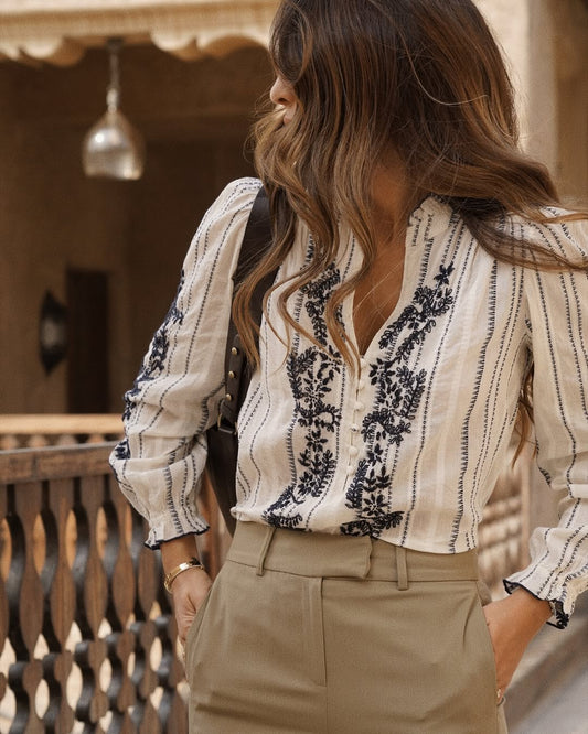 Noir Tracery Blouse – Crisp Cotton Architecture
