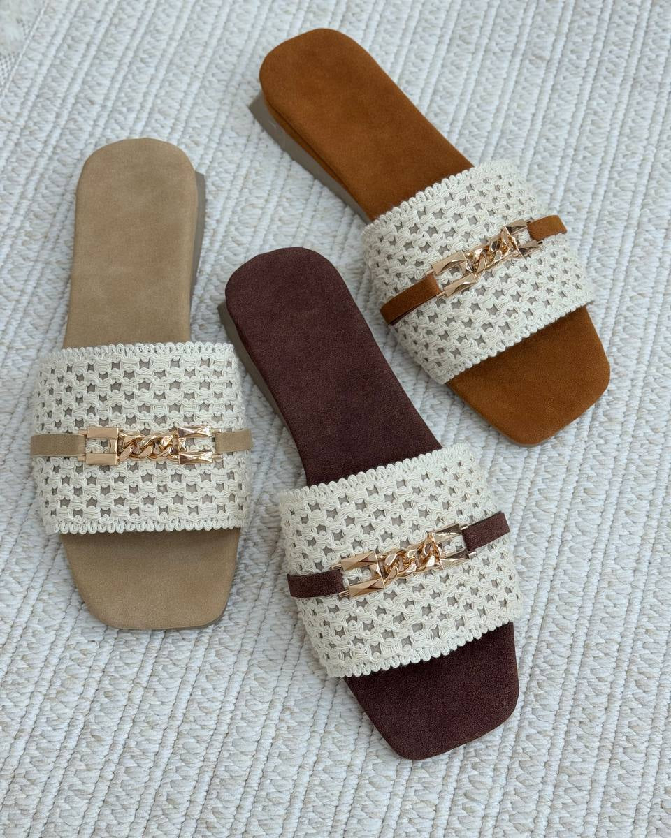 Lace - Embroidered Chain - Detail Slide Sandals