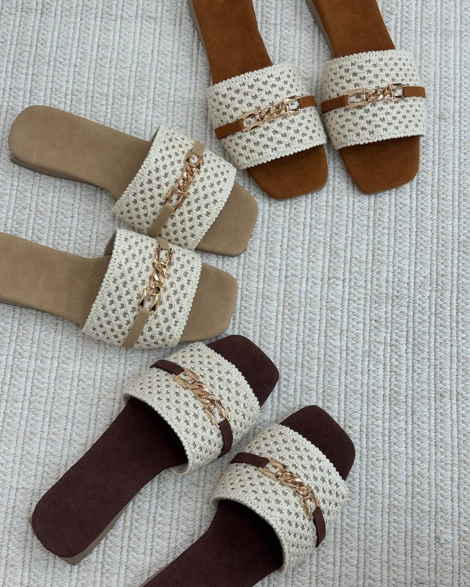 Lace - Embroidered Chain - Detail Slide Sandals