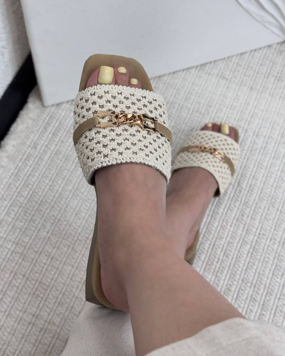 Lace - Embroidered Chain - Detail Slide Sandals