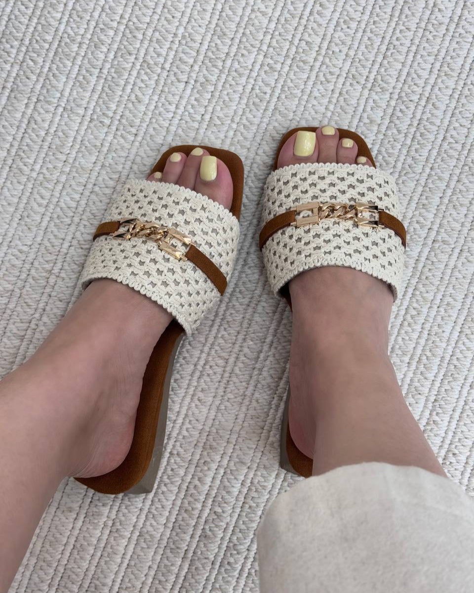 Lace - Embroidered Chain - Detail Slide Sandals