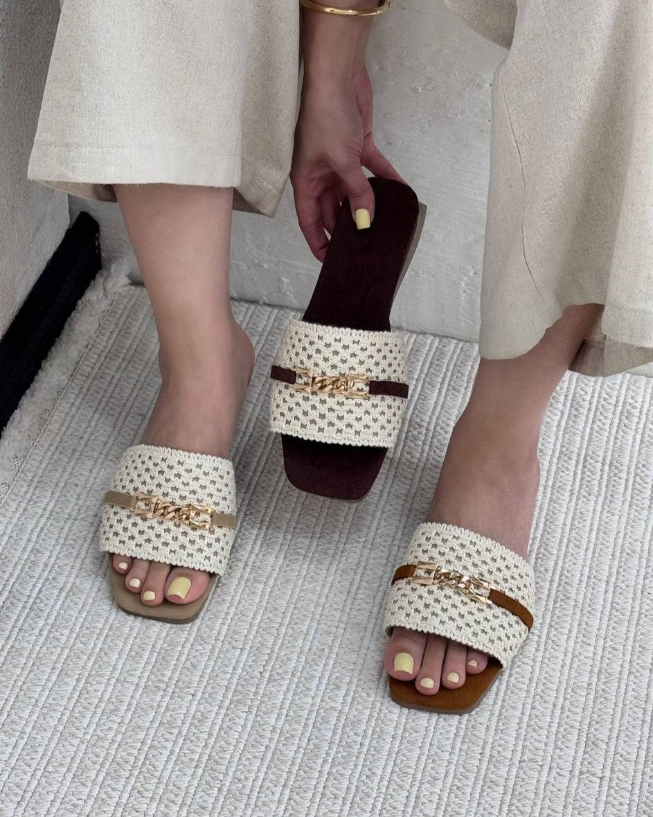 Lace - Embroidered Chain - Detail Slide Sandals