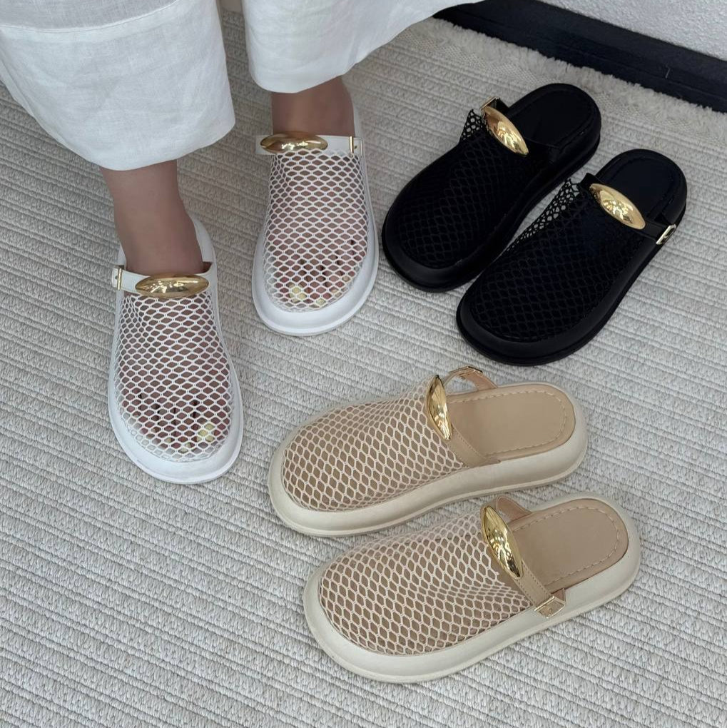 Mesh - Upper Gold - Buckle Thick - Sole Slippers
