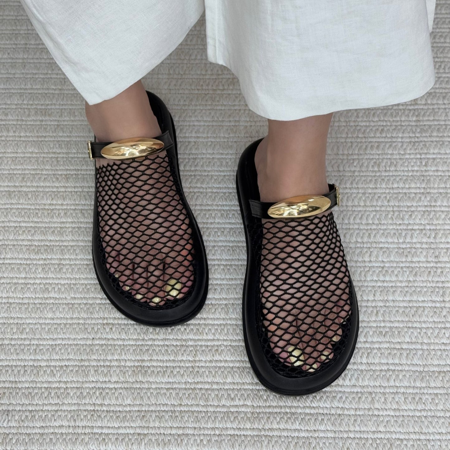 Mesh - Upper Gold - Buckle Thick - Sole Slippers