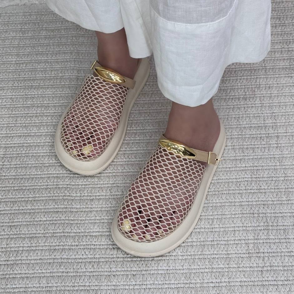 Mesh - Upper Gold - Buckle Thick - Sole Slippers