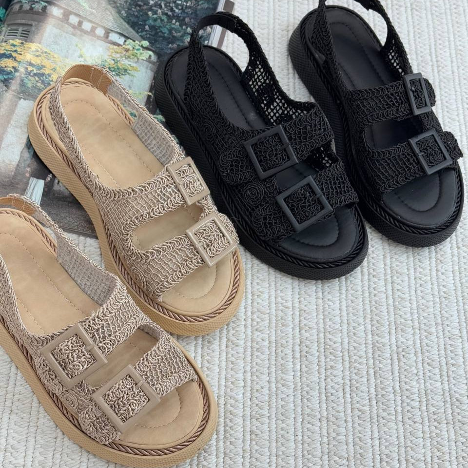 Double - Buckle Woven Casual Sandals