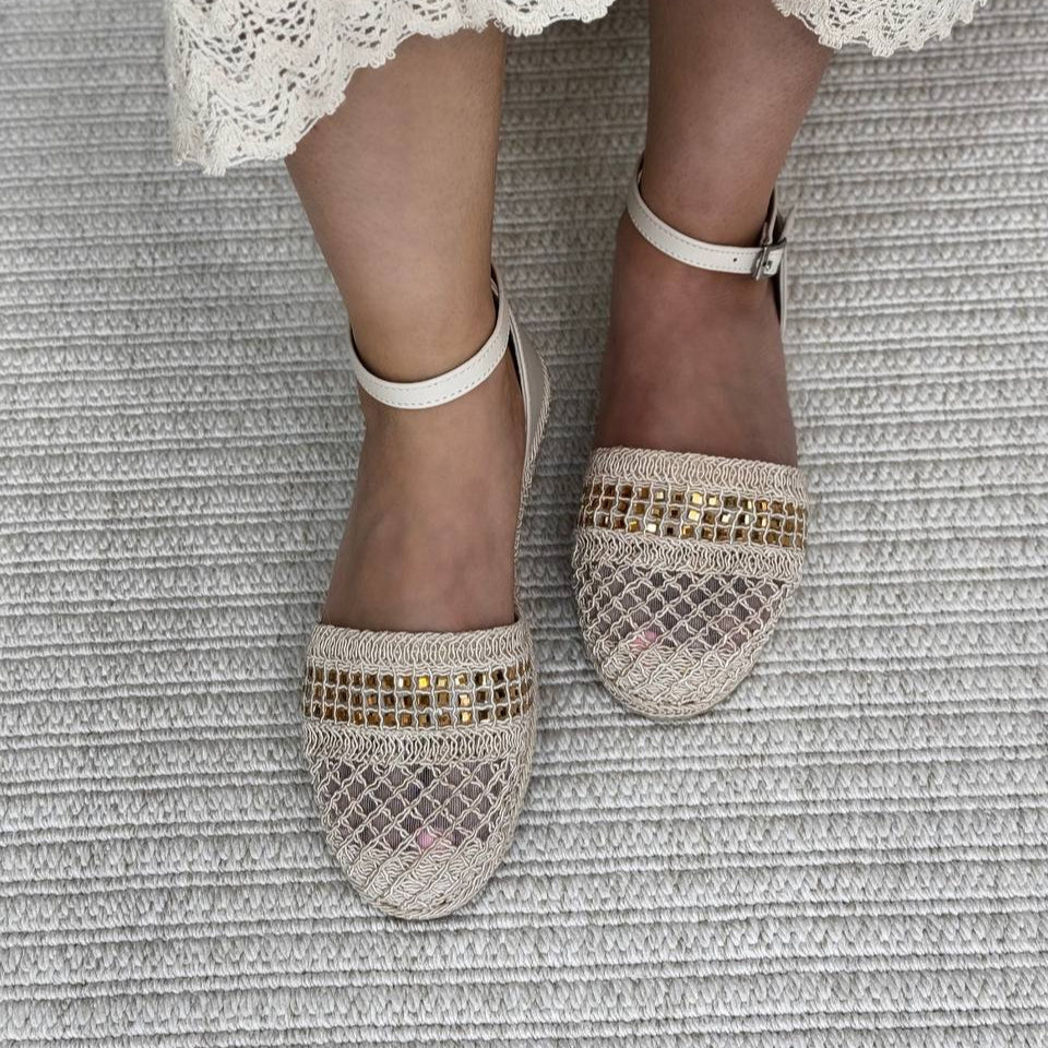 Mesh & Sequin Ankle - Strap Flats