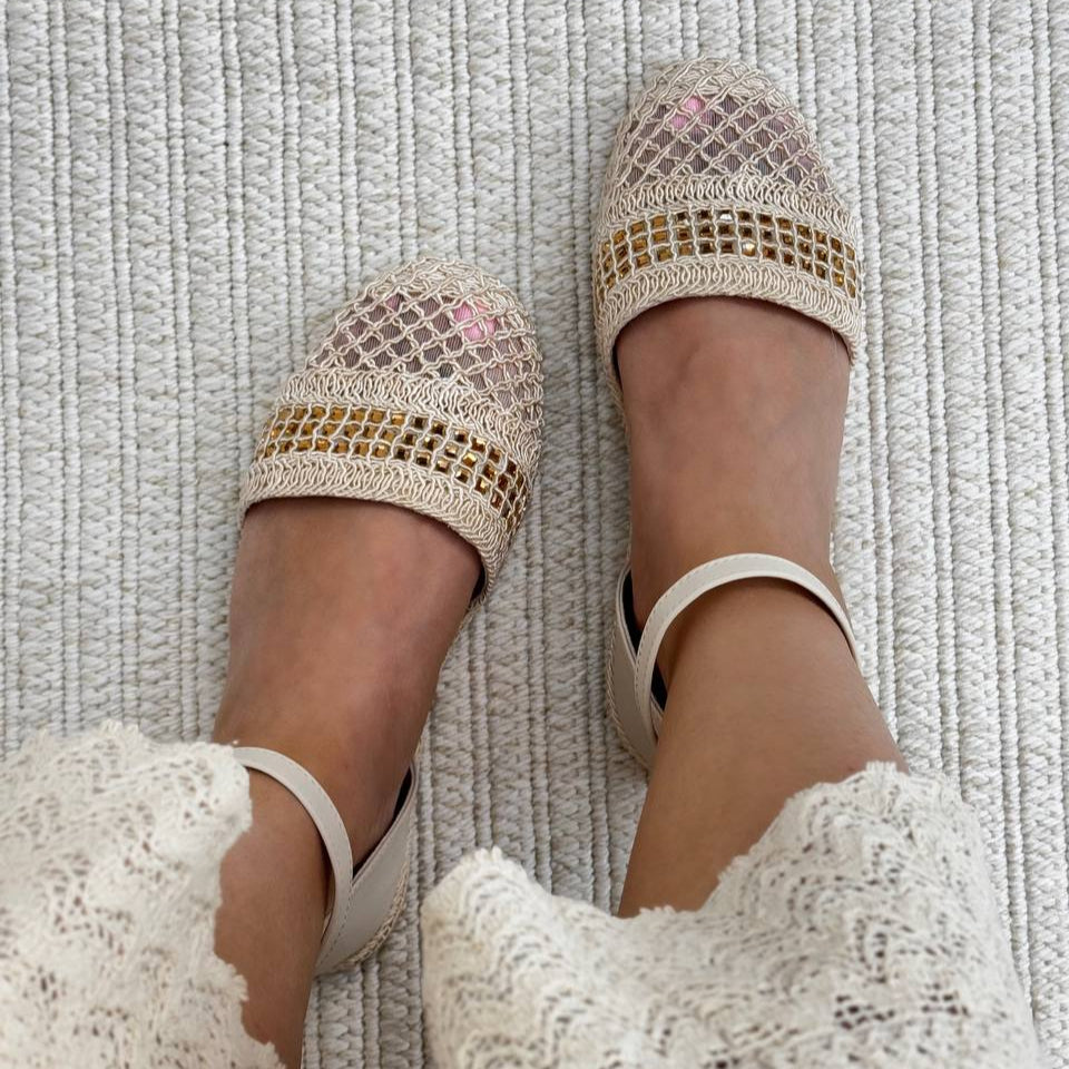 Mesh & Sequin Ankle - Strap Flats
