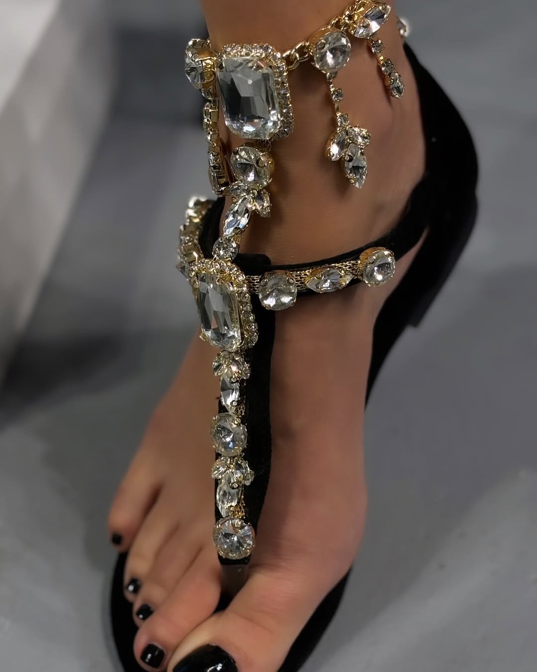 Rhinestone - Embellished T - Strap Flat Sandals