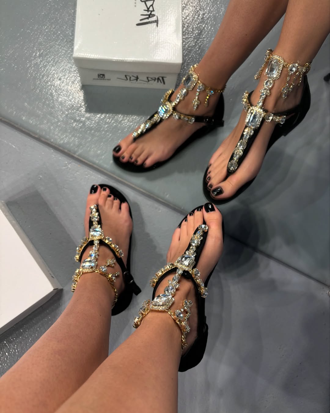 Rhinestone - Embellished T - Strap Flat Sandals