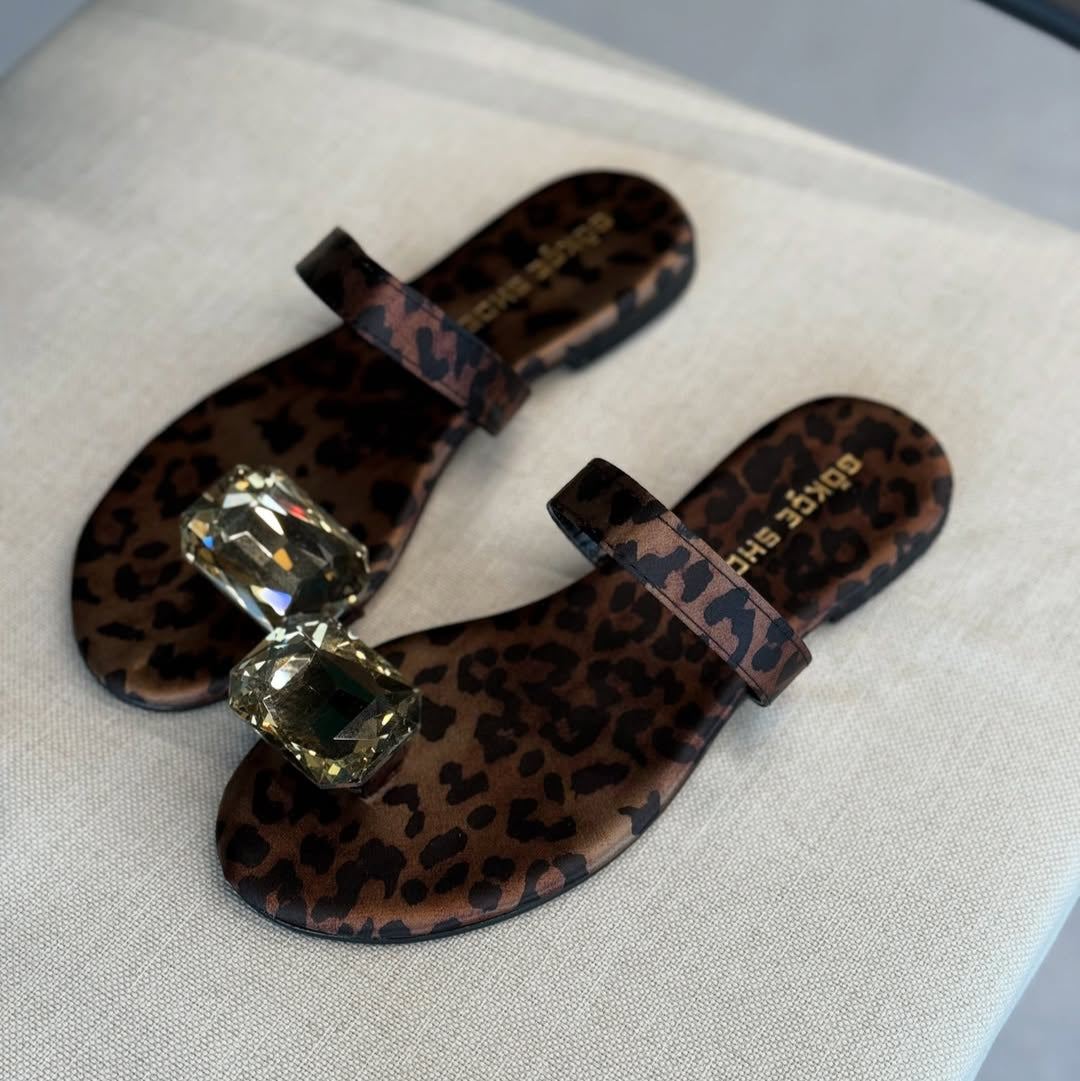 Leopard - Print Toe - Ring Slides with Rhinestones