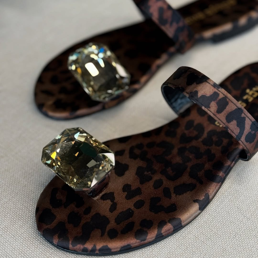 Leopard - Print Toe - Ring Slides with Rhinestones