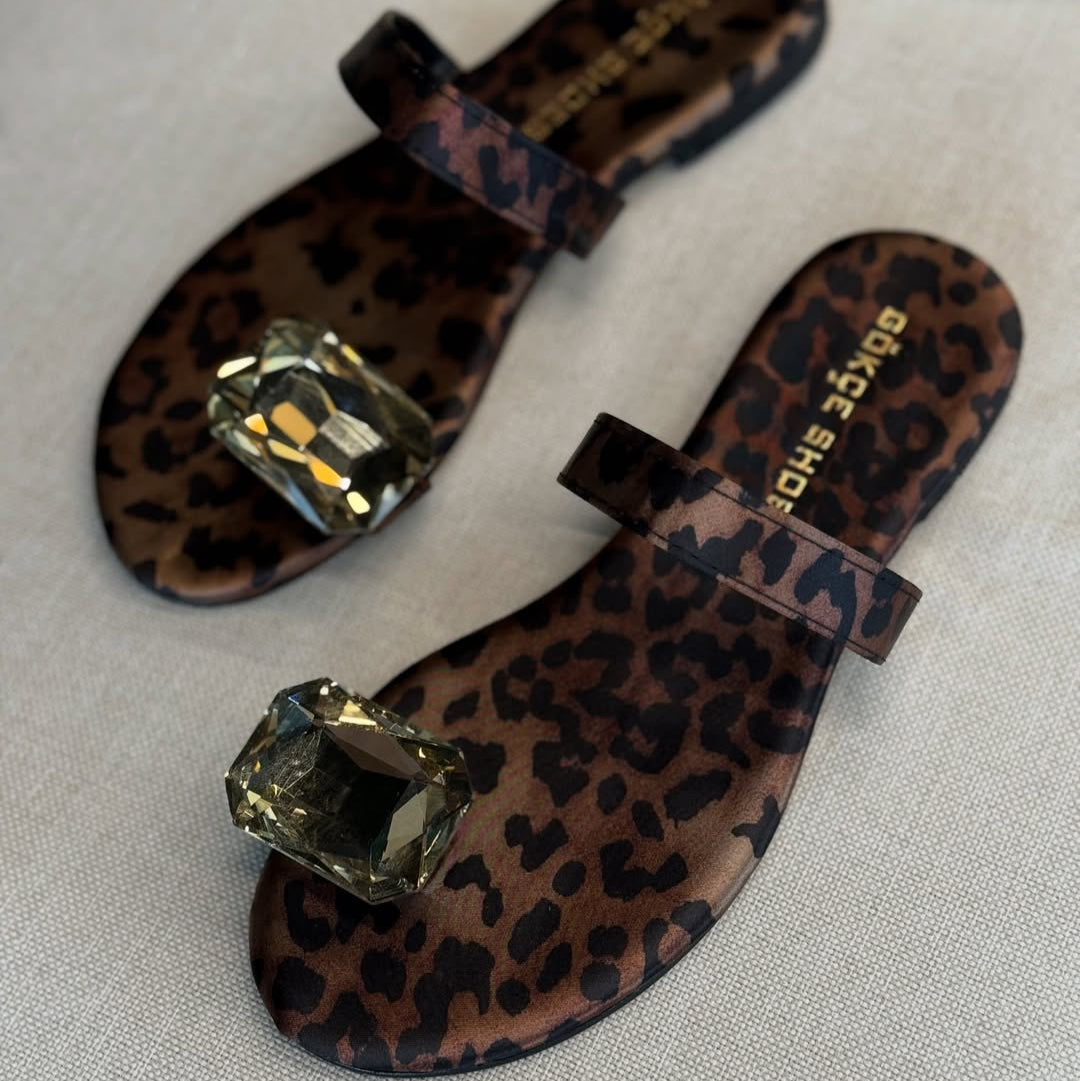 Leopard - Print Toe - Ring Slides with Rhinestones