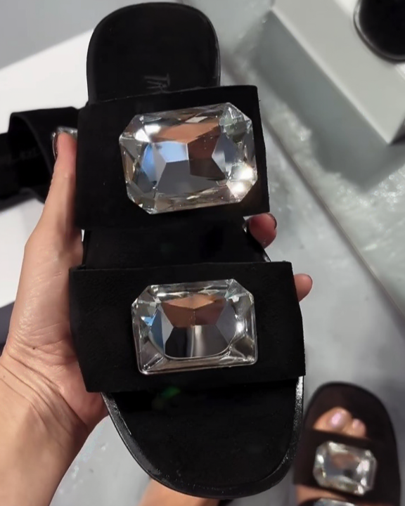 Gem - Embellished Double - Strap Leather Slides