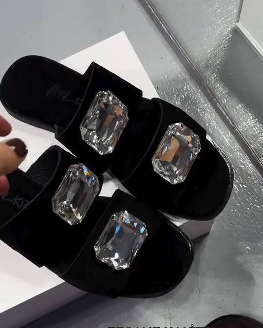 Gem - Embellished Double - Strap Leather Slides