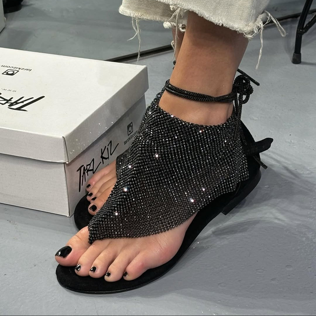 Rhinestone - Encrusted Ankle - Wrap Sandals