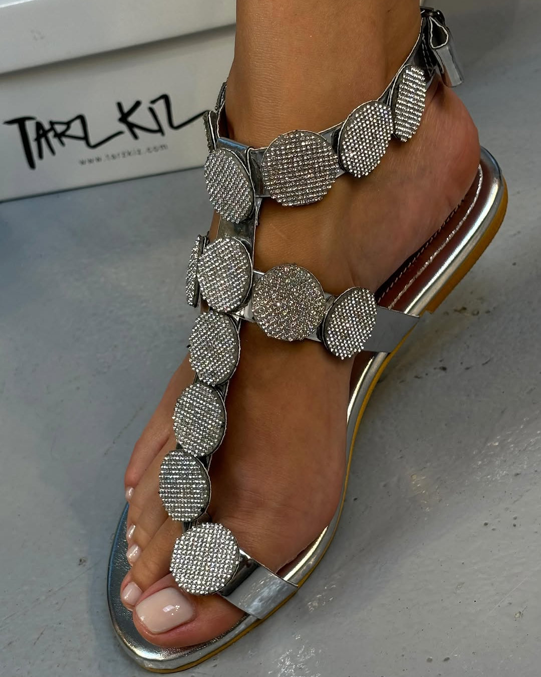 Silver Rhinestone - Disc Ankle - Strap Flat Sandals