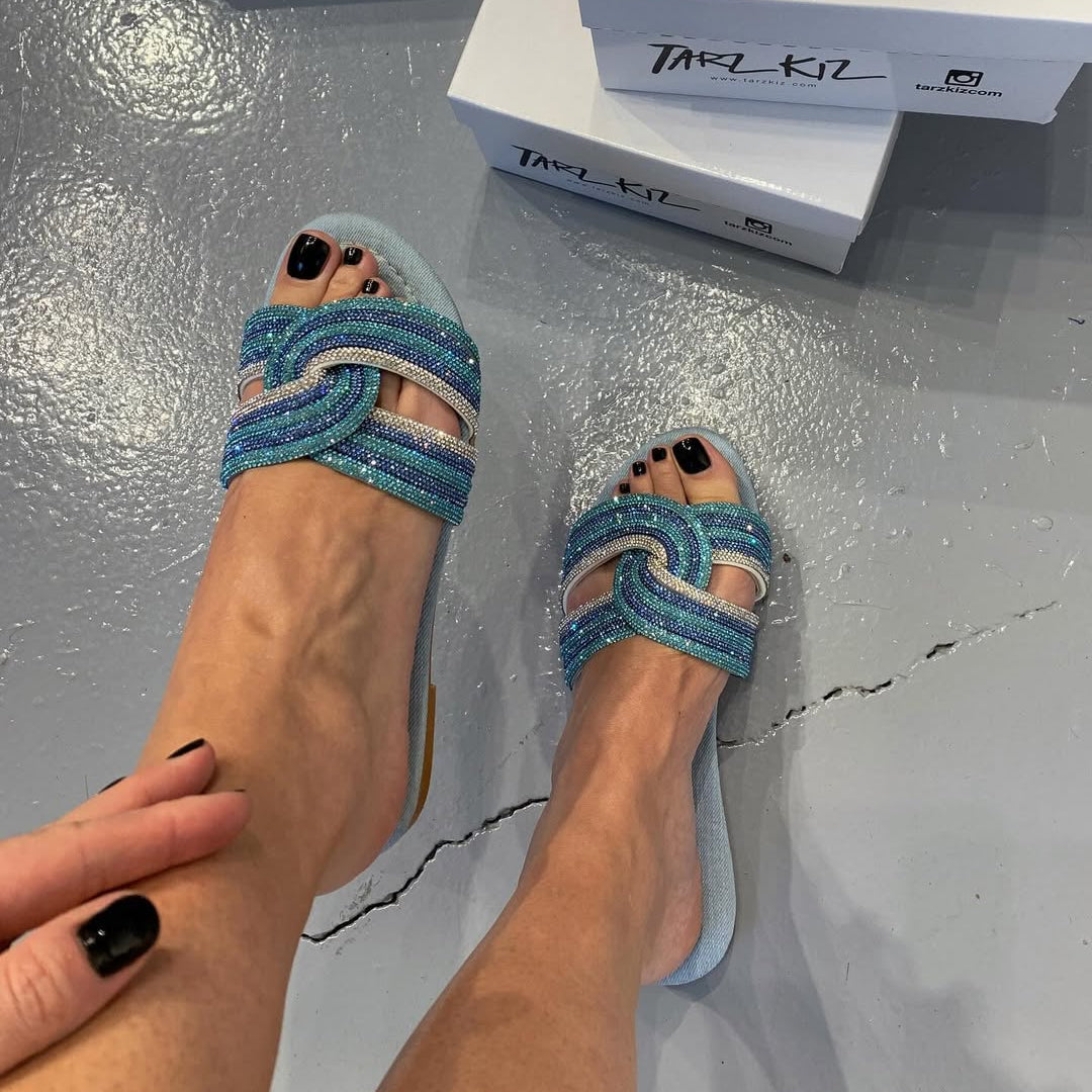 Denim - Base Rhinestone - Braided Slide Sandals