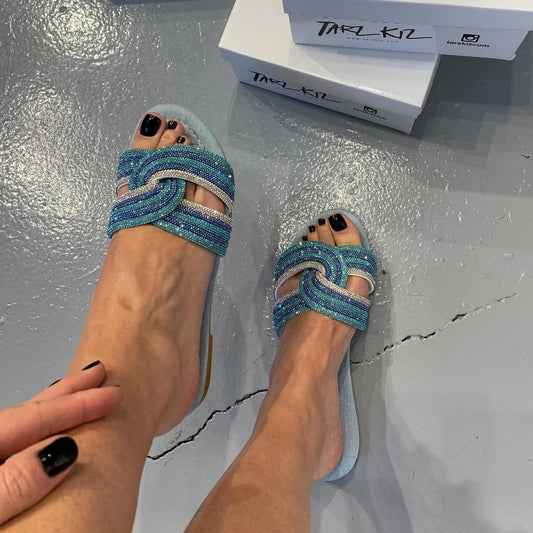 Denim - Base Rhinestone - Braided Slide Sandals