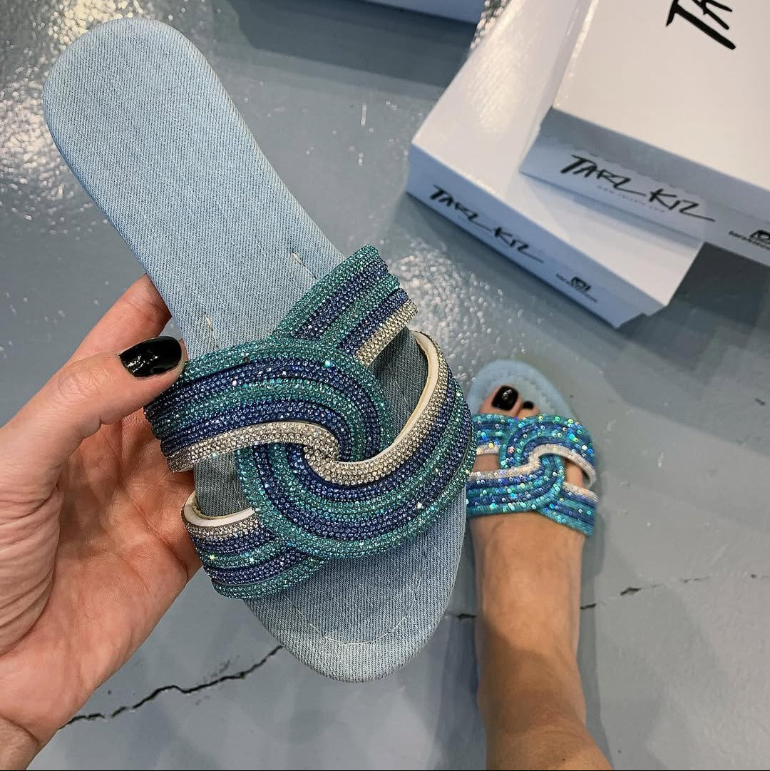 Denim - Base Rhinestone - Braided Slide Sandals
