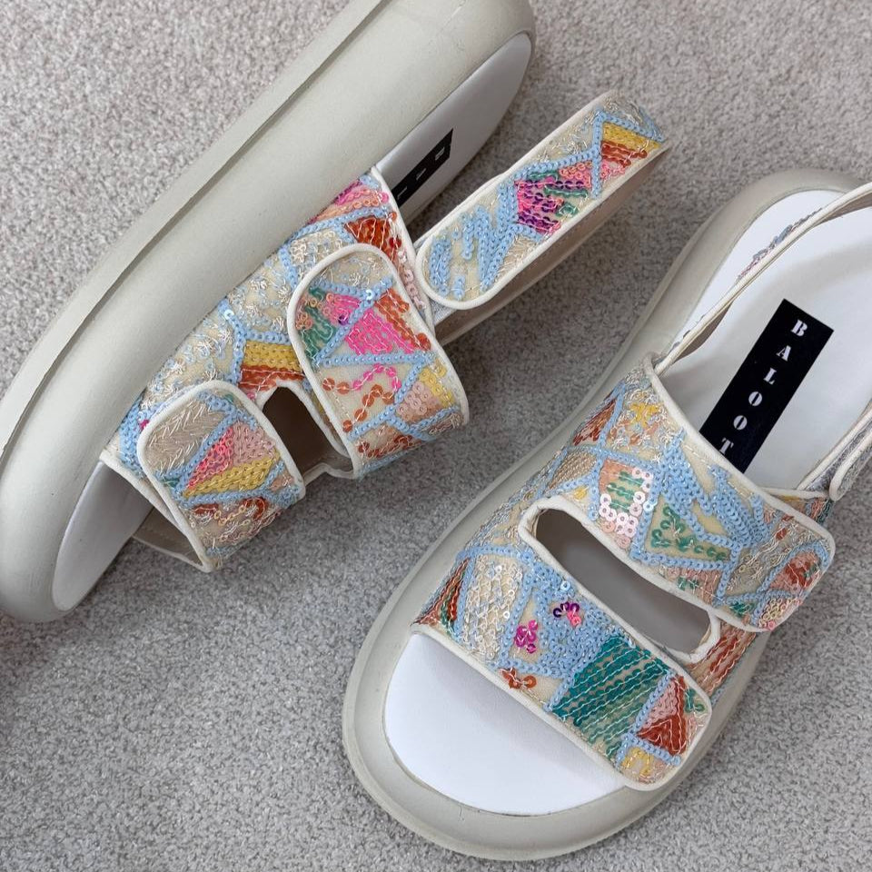 Sequin - Embellished Velcro Platform Sandals