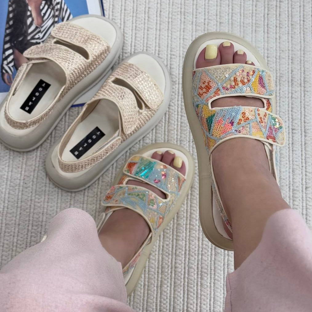 Sequin - Embellished Velcro Platform Sandals