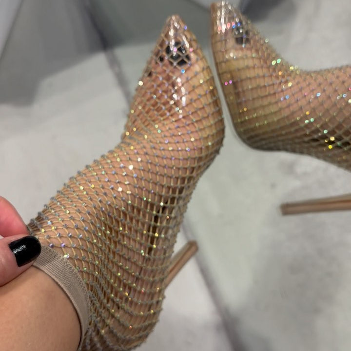 Rhinestone - Encrusted Mesh Stiletto Booties