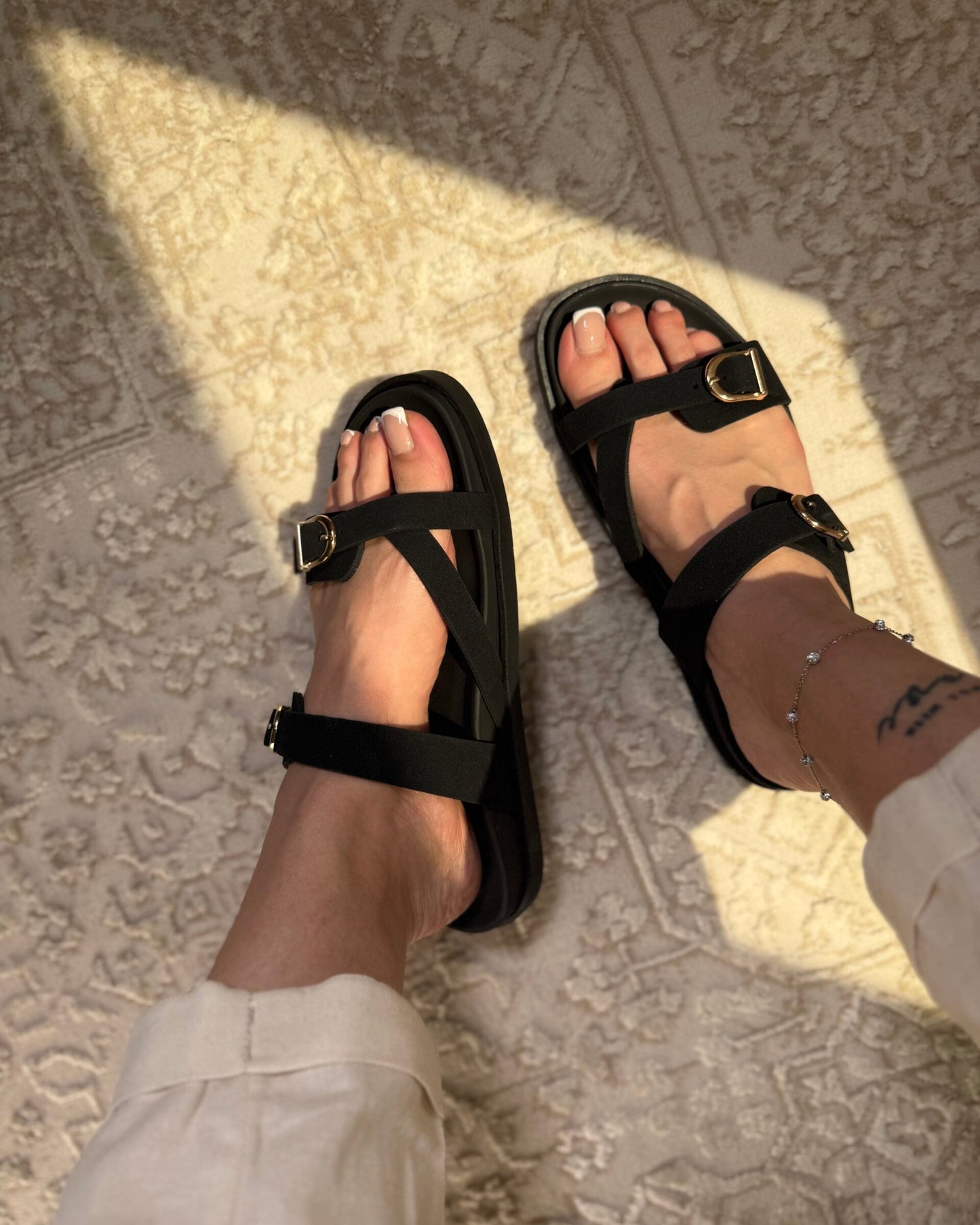 Double - Buckle Strap Flat Sandals