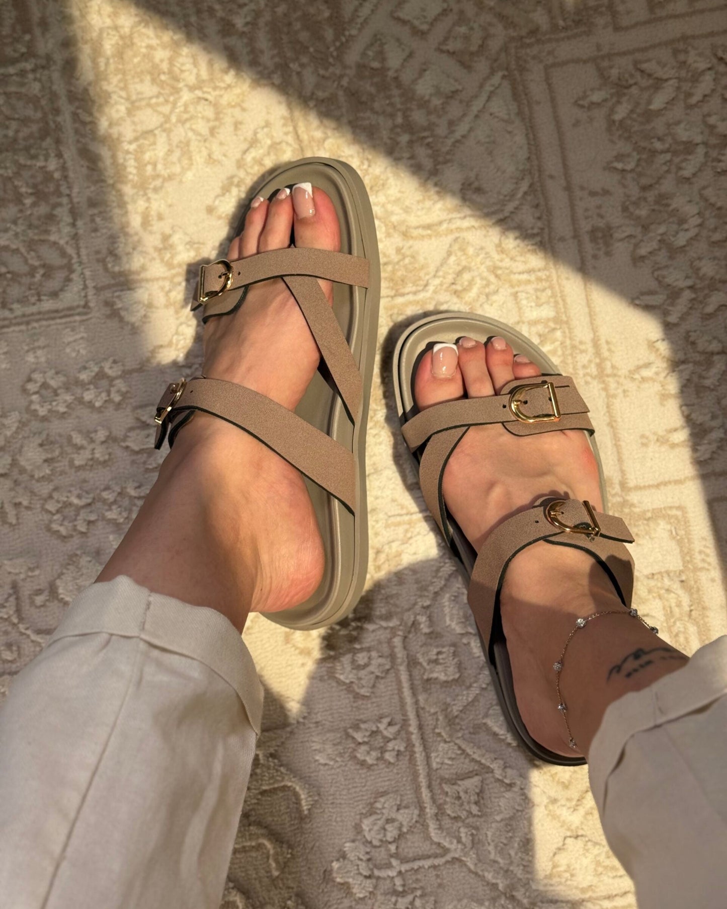 Double - Buckle Strap Flat Sandals