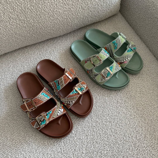 Patterned Double - Strap Slide Sandals