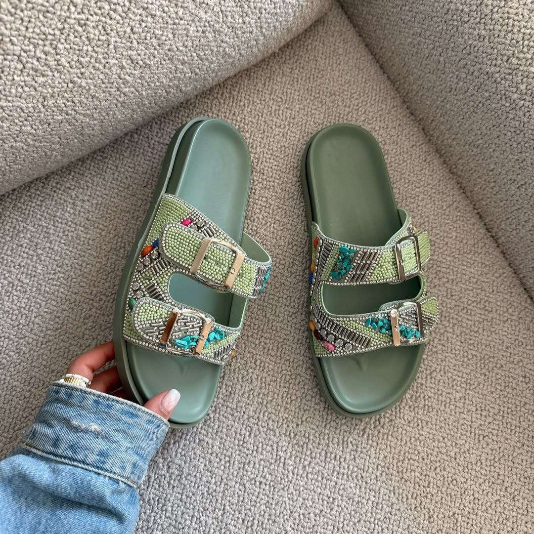 Patterned Double - Strap Slide Sandals