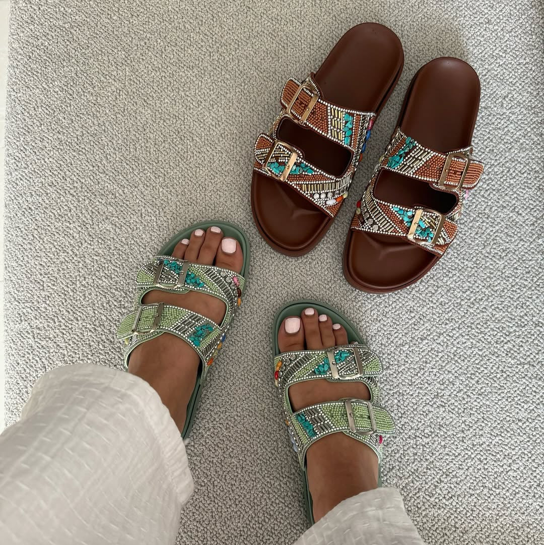 Patterned Double - Strap Slide Sandals