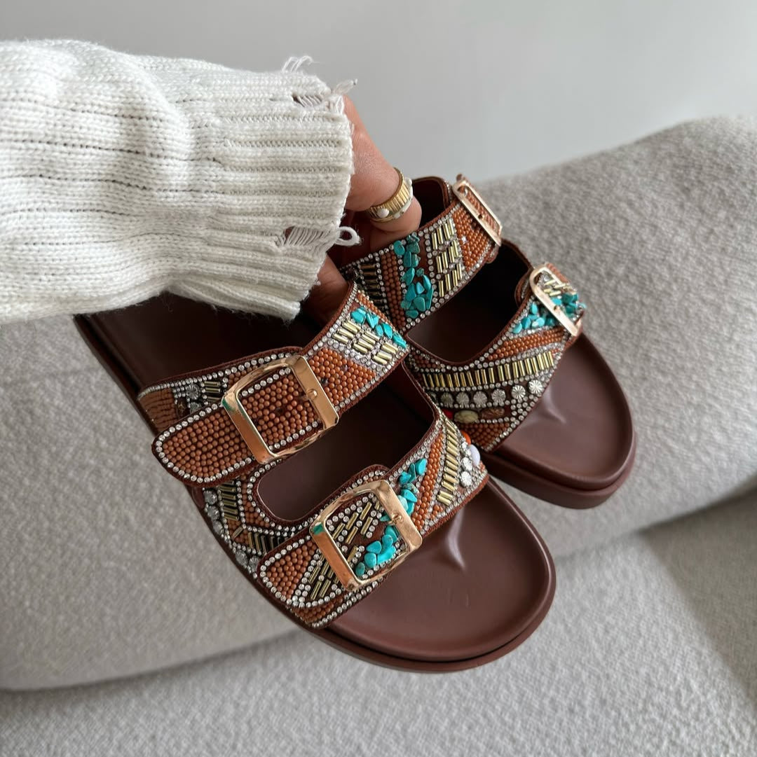 Patterned Double - Strap Slide Sandals