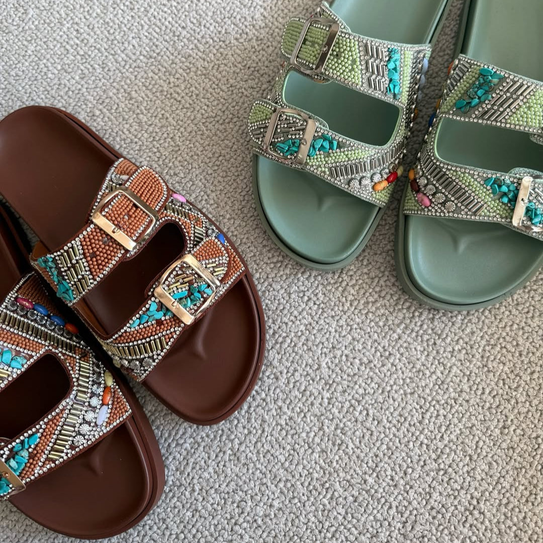 Patterned Double - Strap Slide Sandals