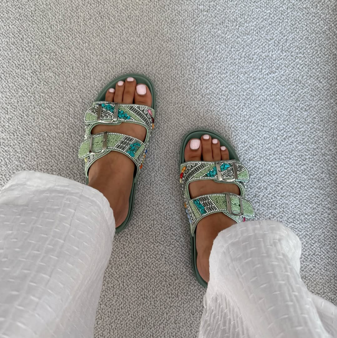 Patterned Double - Strap Slide Sandals
