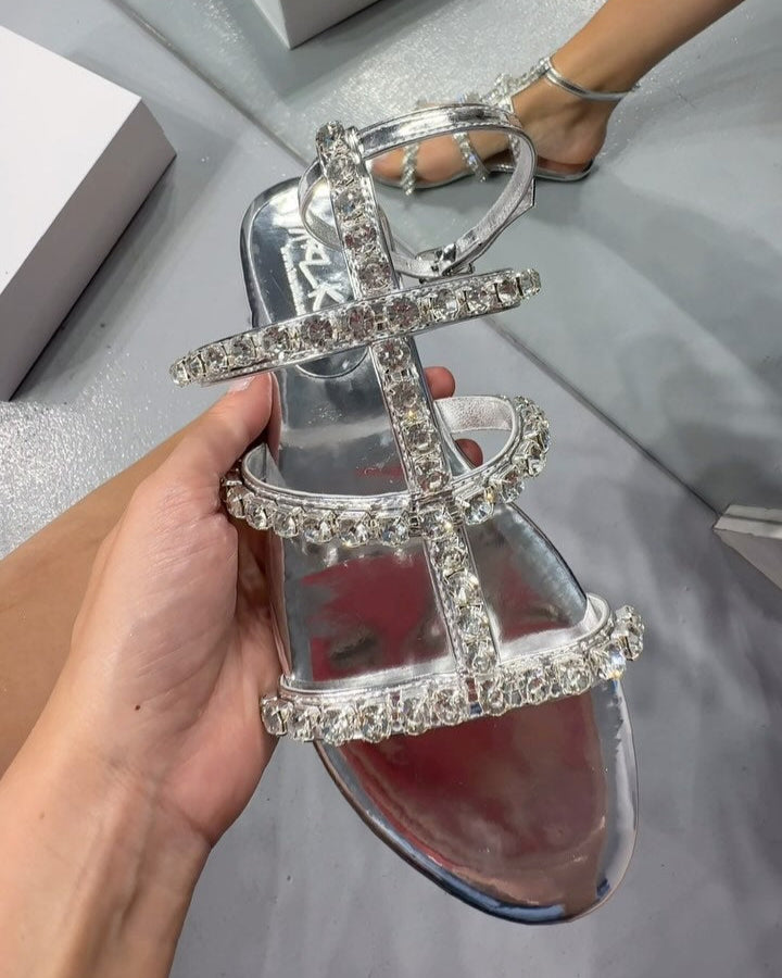 Rhinestone - Embellished Strappy Flat Sandals