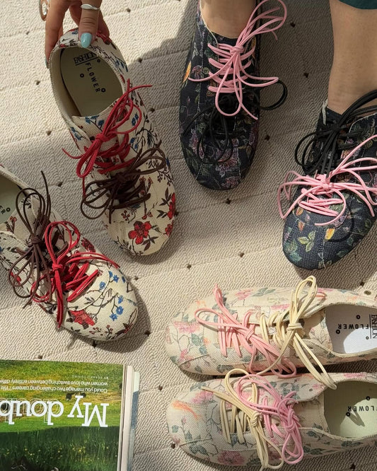 Floral Print Lace - Up Flats