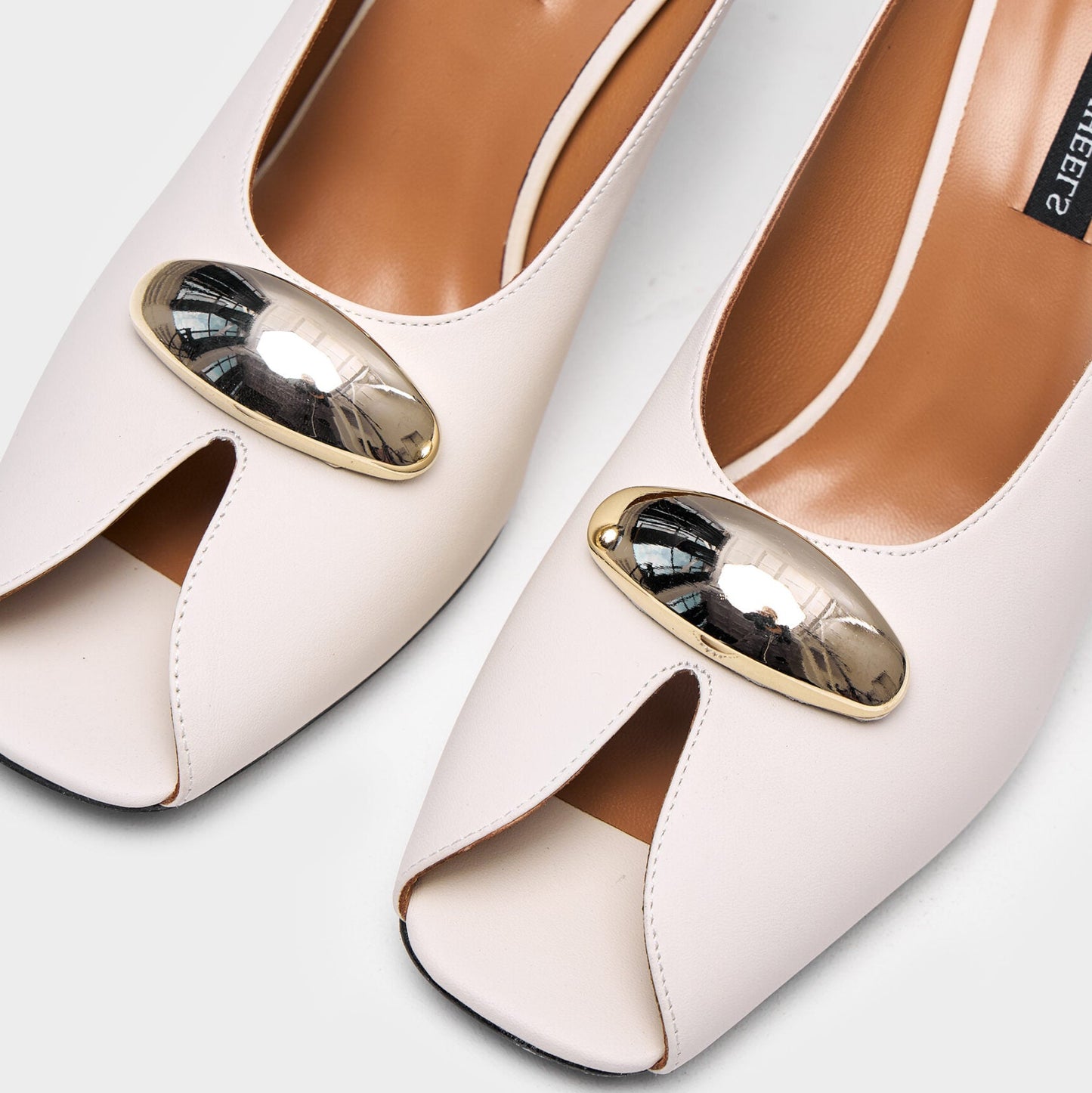 Metallic Accent Peep - Toe Mule Heels