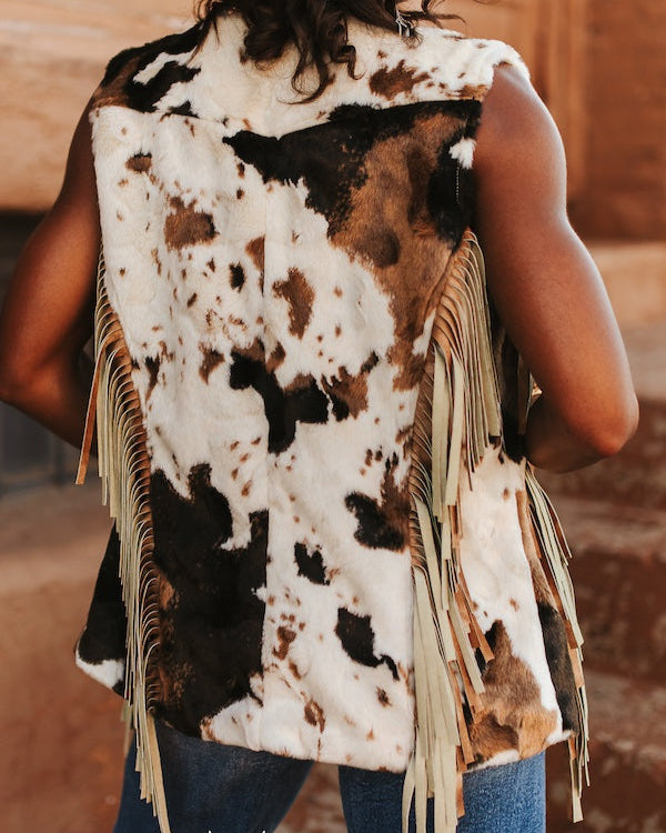 Cow Print Fringe Vest