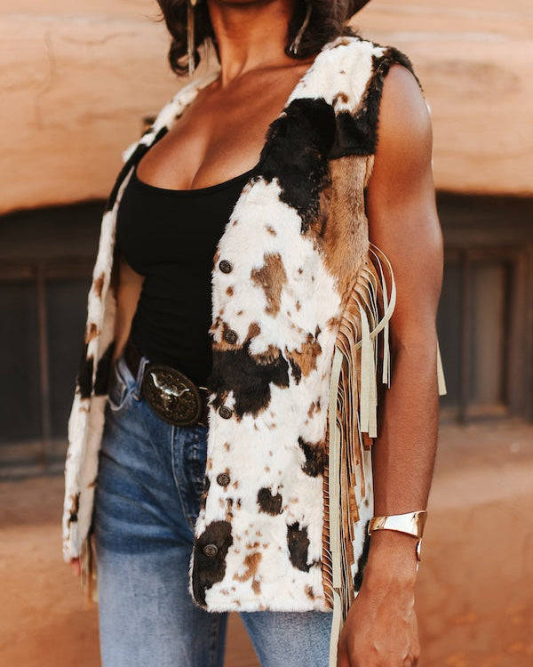 Cow Print Fringe Vest